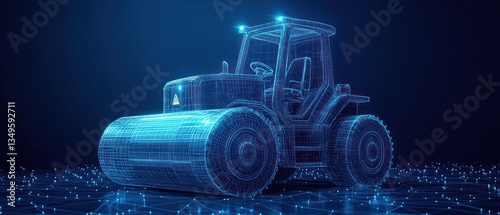 Fototapeta Naklejka Na Ścianę i Meble -  Blue Wireframe Construction Roller Machine on Dark Textured Background