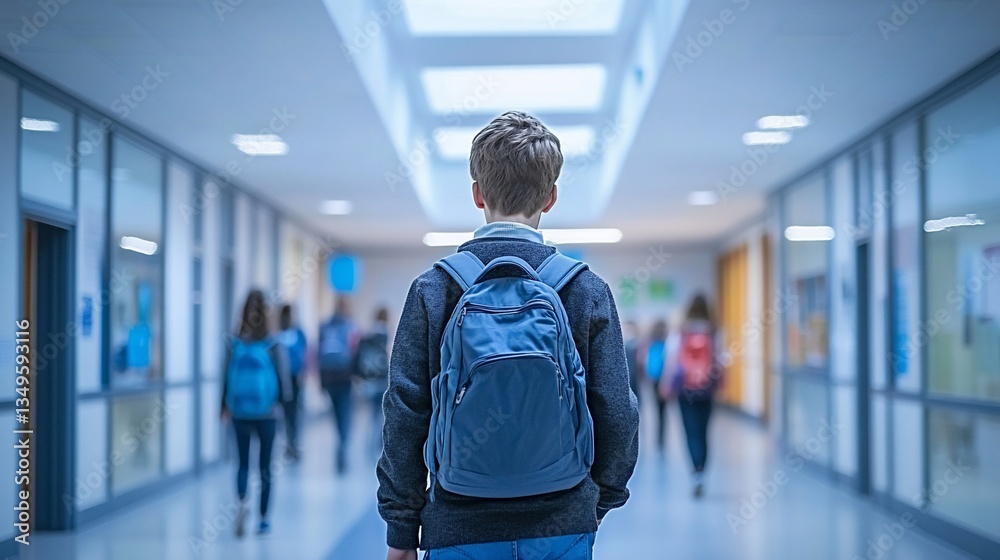 Fototapeta premium Boy with backpack walks down bright school hallway with other students