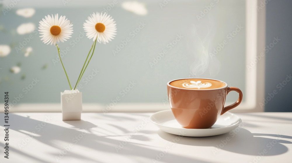 Coffee Cup with Latte Art & Daisies in Vase - Cozy Morning Drink Concept. Coffee Cup with Latte Art & Daisies in Vase - Cozy Morning Drink Concept.