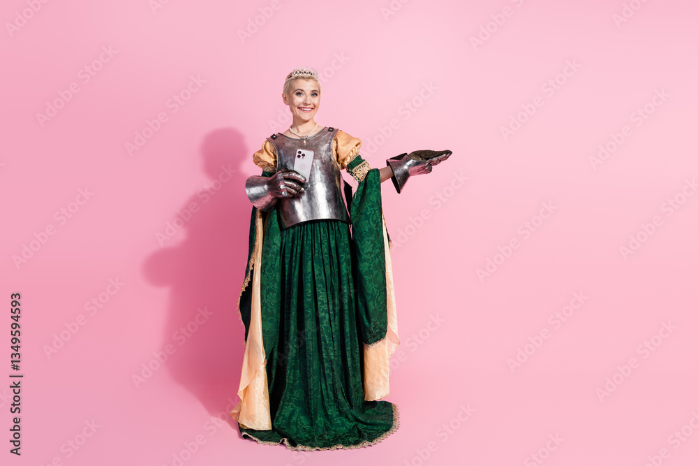 Amusing combination of historical royal attire and modern technology on a playful background Amusing combination of historical royal attire and modern technology on a playful background