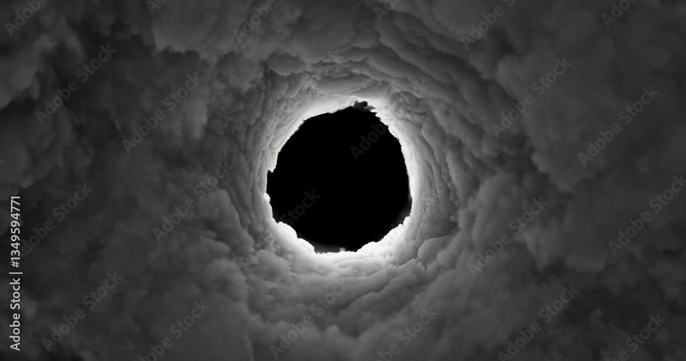 Fototapeta premium Dark vortex smoke tunnel. Swirling clouds form a dramatic circular motion. Powerful and centered. 3D render