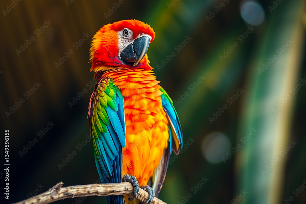 Fototapeta premium Vibrant Parrot Showcasing Its Bright Colors and Exotic Plumage in a Lush Tropical Environment, Capturing the Beauty of this Stunning Avian Species