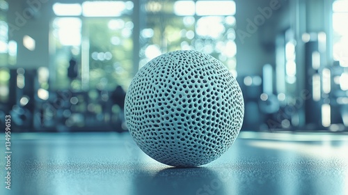 Gym exercise ball on floor, blurred fitness center background photo