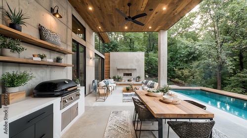 Modern outdoor kitchen and living area overlooking pool and trees