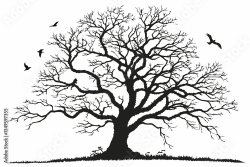 2 Stark bare tree silhouette, intricate branching pattern, black and white illustration, graphic design style, minimalist artwork, winter landscape element, high contrast, isolated on white background