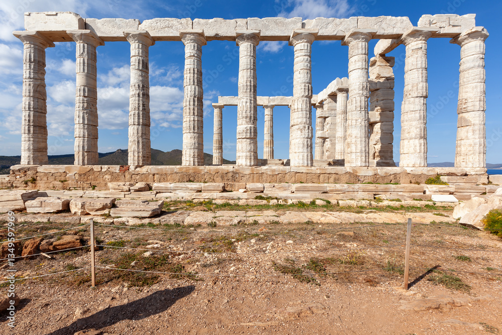 Temple of Poseidon at Sounio Cape, in south Attica region, Greece, Europe. The temple was built in 5th century BC and was dedicated to the god of sea.