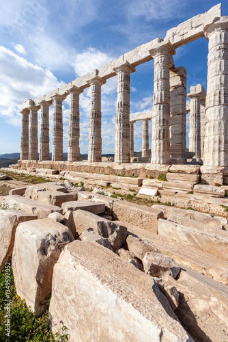 Temple of Poseidon at Sounio Cape, in south Attica region, Greece, Europe. The temple was built in 5th century BC and was dedicated to the god of sea. 