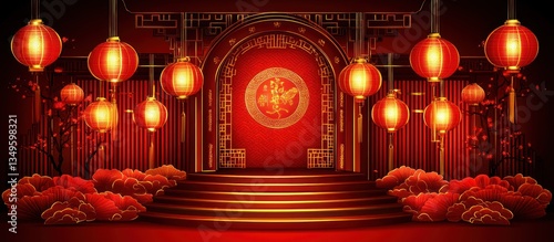 A traditional red Chinese lantern display with ornate golden detailing
