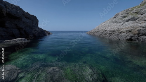 Tranquil cove between rocks. Crystal clear water meets the horizon