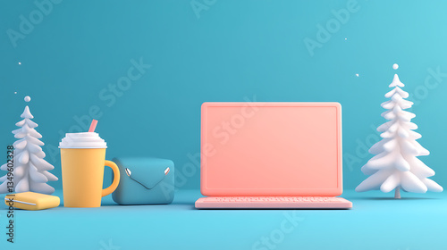 Workation essentials cozy workspace setup with laptop and beverages in a vibrant environment