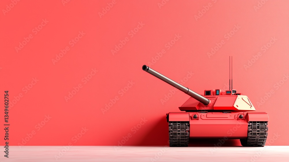 Fototapeta premium Bright Red Military Tank Displayed Against Vibrant Coral Wall