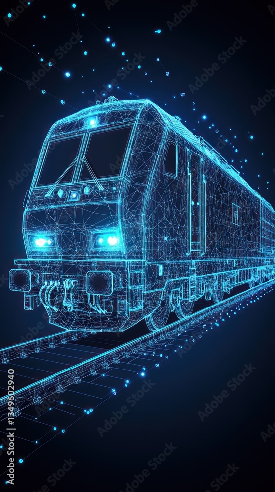 A blue digital outline displays a train running on railway tracks A blue digital outline displays a train running on railway tracks