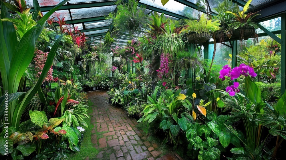 Obraz premium Lush Greenhouse Tropical Plants Orchid Blooms Brick Path Botanical Garden