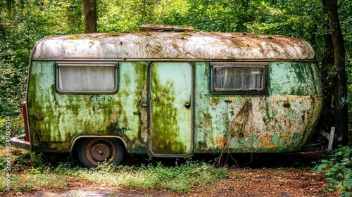 Abandoned green caravan decaying in forest, overgrown foliage