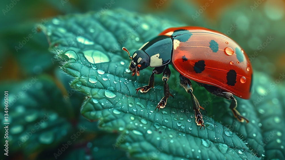Fototapeta premium Close-up of a ladybug on a dewy green leaf, showcasing nature's beauty in a vibrant garden setting