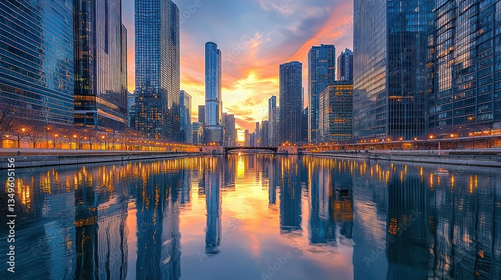 Obraz premium Chicago River sunrise cityscape reflection