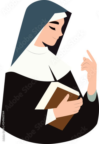 Nun Reading Book, Pointing,