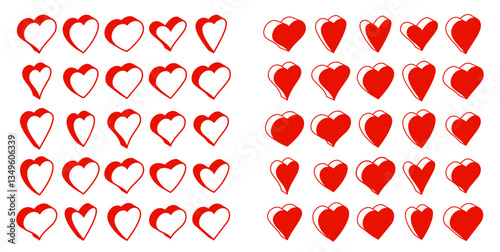 3D dimensional hearts vector icons or logos set, gift boxes on Valentine day, heart shaped buttons, graphic design elements collection.
