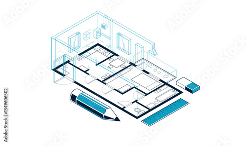 Flat plan drawing with pencil, floorplan residential house or apartment blueprint implementation, 3D isometric vector illustration, interior design project house construction embodiment.