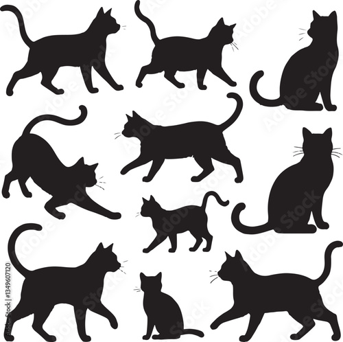Collection of black cat silhouettes in various shapes and poses