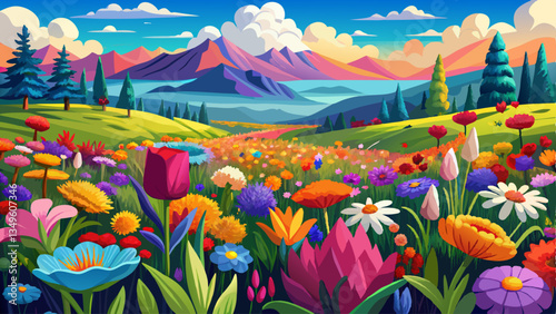 A field of colorful wildflowers in full bloom, creating a vibrant and picturesque landscape