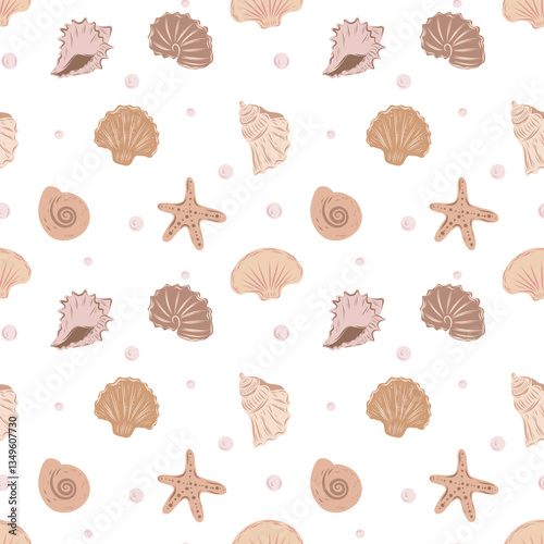 Beige undersea seamless pattern, sea shells, starfish pattern. Pattern for cards, invitations, designs in nautical style.