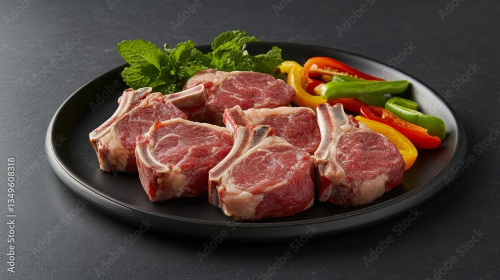 A selection of fresh lamb chops displayed on a dark plate, garnished with fresh mint and a side of colorful peppers for an appetizing presentation. A selection of fresh lamb chops displayed on a dark plate, garnished with fresh mint and a side of colorful peppers for an appetizing presentation.
