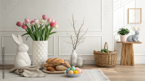 Easter table setting with artisanal bread, ceramic bunny decor, woven baskets, and delicate spring flowers in a cozy home.