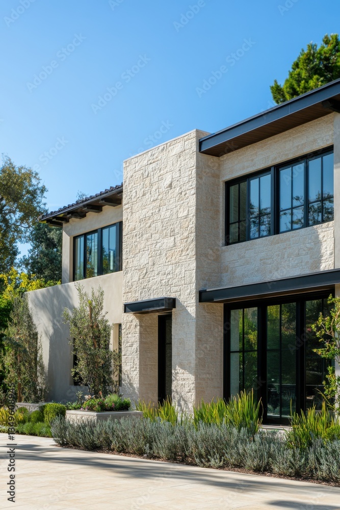 Fototapeta premium This contemporary house features expansive windows that allow for abundant natural light, complemented by a beautifully landscaped garden in a bright, sunny residential neighborhood