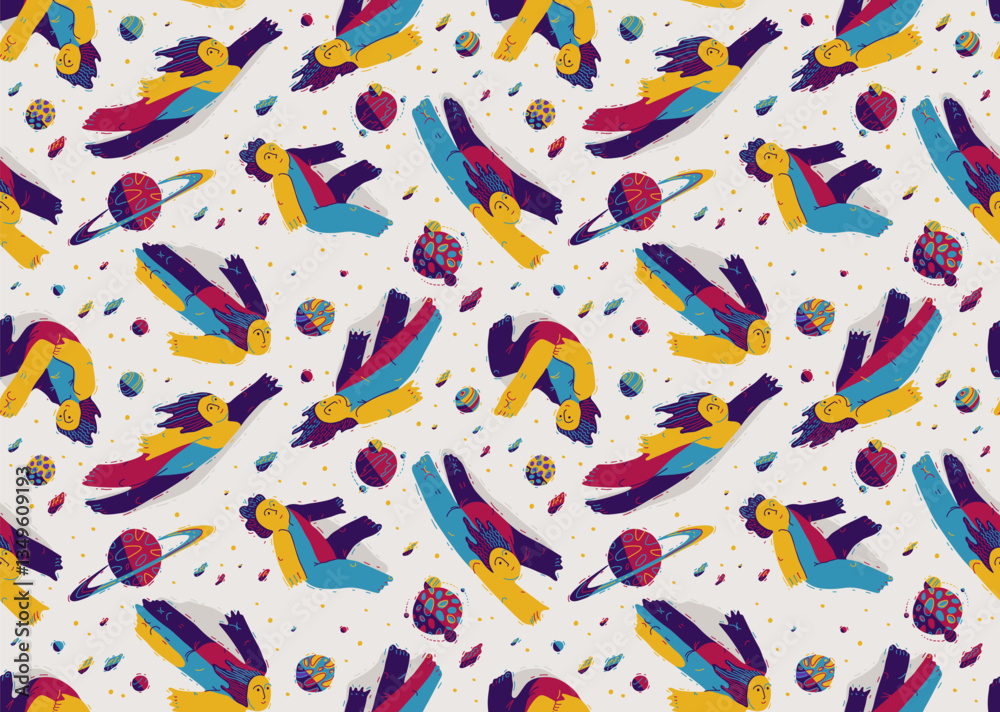 Obraz premium Dreamers conceptual seamless background, illustrative vector people flying among the planets in space, freedom of imagination relaxed levitation, tranquil and hypnotic emotions.