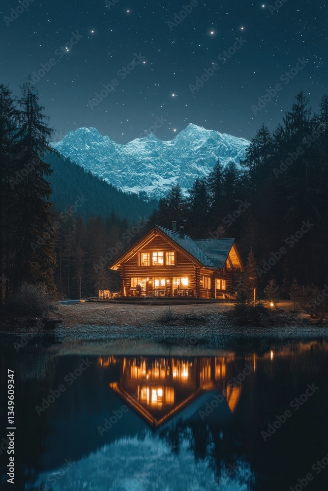 Fototapeta premium Mountain Cabin at Night Reflected in Lake