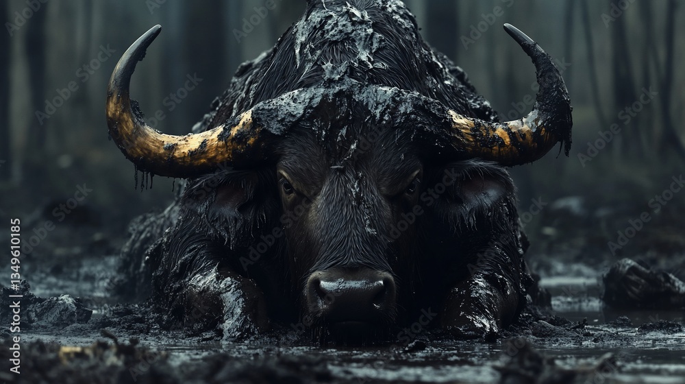 Naklejka premium Mud-covered bull resting in swampy forest