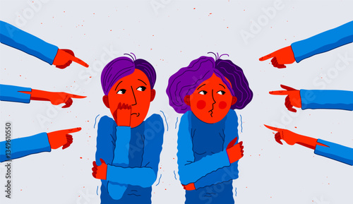 Shaming and blaming vector concept, hands pointing finger on young couple feeling uncomfortable and scared, discrimination problem of cruel and intolerant behavior in social groups.