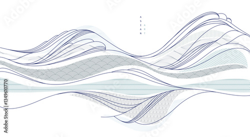 Nature art oriental Japanese style vector abstract background, runny like water shapes and lines with textures.