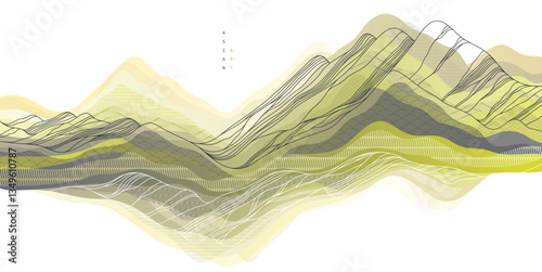 Nature art oriental Japanese style vector abstract background, mountains terrain landscape, scenic abstraction.