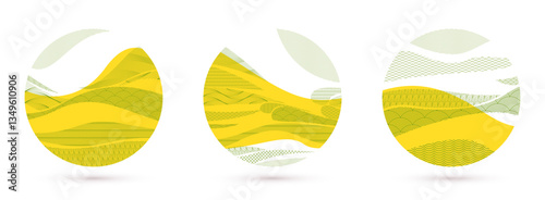 Oriental Japanese style vector abstract illustrations set in yellow color in a shape of circle, backgrounds in Asian traditional style, wavy shapes and mountains terrain, runny like sea lines.