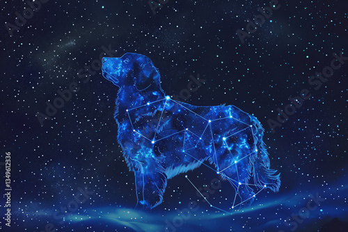 Dog constellation in starry night representing astrology zodiac and cosmic animal concept: dog constellation, starry night, astrology zodiac, cosmic animal, space