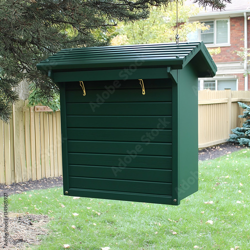 Dark green wooden outdoor mailbox hanging from tree branch in backyard photo
