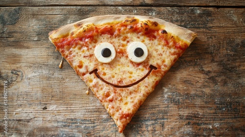 Fun pizza slice with a smiling face made of cheese.