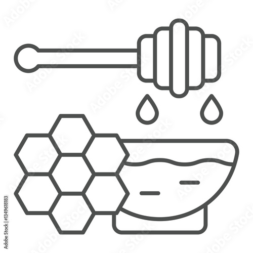 Bowl plate with honey and spoon thin line icon, natural sweets concept. Vector graphics. Sweet honey sign on white background, outline style icon for mobile or web design.