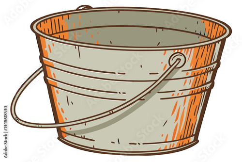 11 Rustic metal bucket, galvanized steel, weathered texture, orange rust patina, industrial design, cylindrical shape, wire handle, vintage farm equipment, isolated on white background, high contrast,