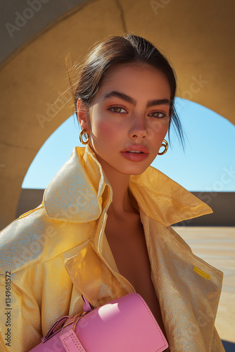 A high-fashion editorial portrait of a model wearing a golden textured coat and a pink handbag, posing under a modern architectural arch. Bold fashion concept with luxurious aesthetics.