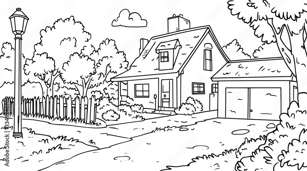 Obraz premium A simple outline drawing depicting a house and its surroundings