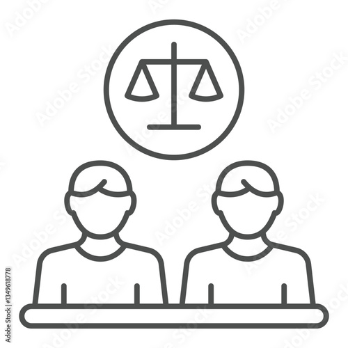 Opponents men at dialog table with scales thin line icon, justice concept. Vector graphics. Two human, man and weight scales sign on white background, outline style icon for mobile or web design.