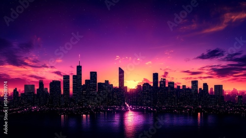Vibrant 80s inspired digital cityscape with retrowave skyline at sunset for creative design
