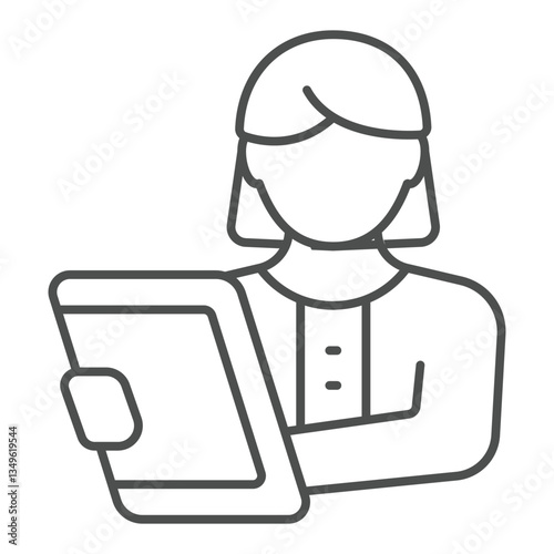 Psychologist woman and testimony notepad thin line icon, family psychology concept. Vector graphics. Woman with paper notes sign on white background, outline style icon for mobile or web design.