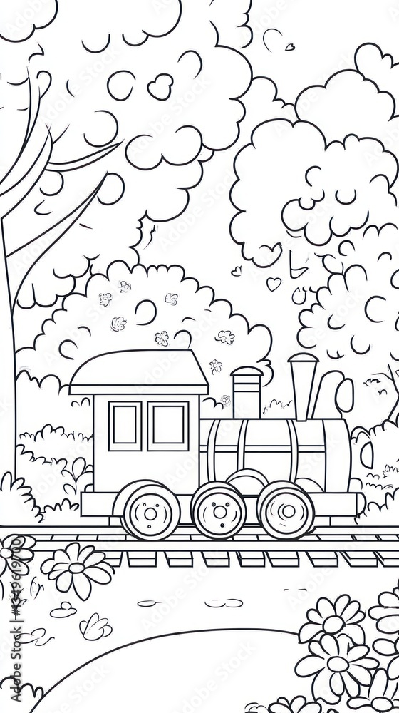 Fototapeta premium A black and white image of a train in a natural landscape