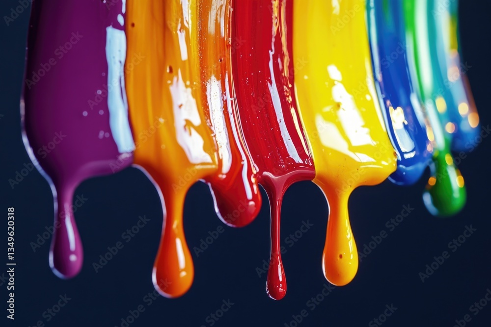 Naklejka premium A vibrant display of colorful paint dripping down a canvas, demonstrating the blending and mix of various acrylic paints.