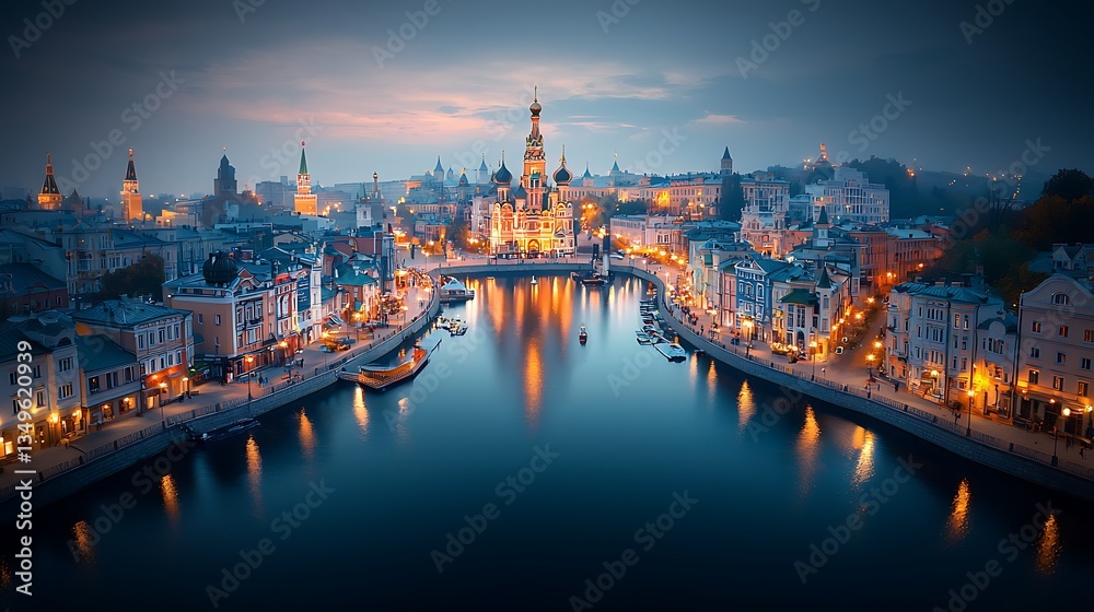 Obraz premium Cityscape at dusk, reflecting in water