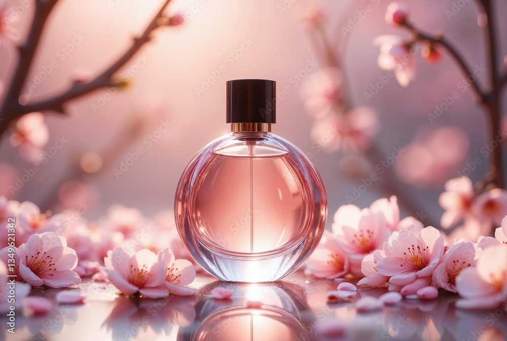 Close-up view of perfume bottle surrounded by flowers, selective focus. Created using generative AI tools Close-up view of perfume bottle surrounded by flowers, selective focus. Created using generative AI tools